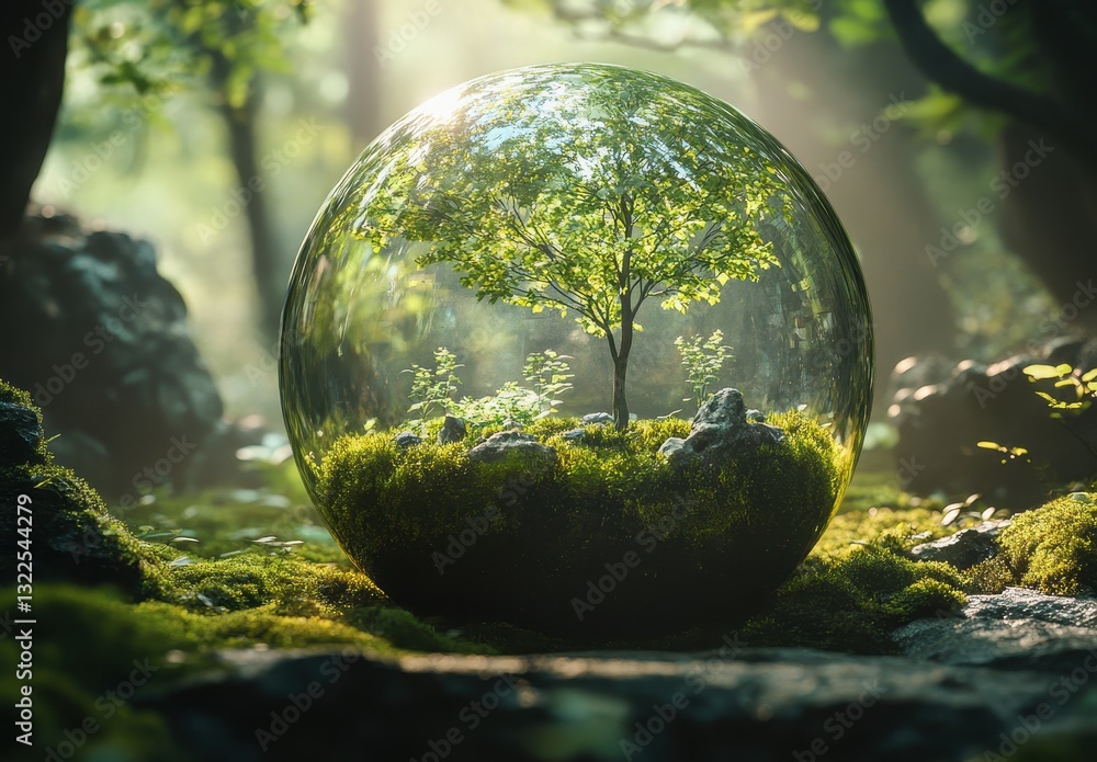 Poster lush green tree encased in a transparent sphere surrounded by a mystical forest landscape with soft 