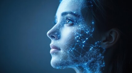 Futuristic Human Face with Neural Network Overlay in Blue Tones, Representing Artificial Intelligence and Advanced Technology.
