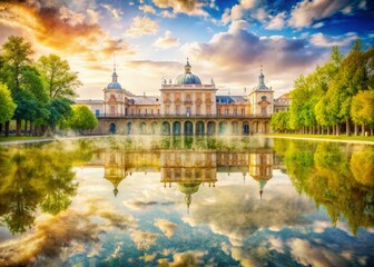 Fototapeta premium Aranjuez Palace Gardens Double Exposure: Majestic Monument & Lush Greenery