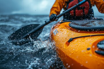 Fototapeta premium Thrilling sports photography captures dynamic kayaking action as paddle splashes water