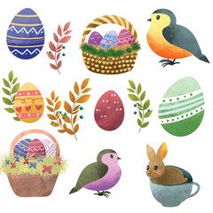 Modern egg, bunnies for kids standing with placard. Rabbit or hare, spring festive animal with flower and chick. Cartoon holiday decent vector character, Easter watercolor decor elements