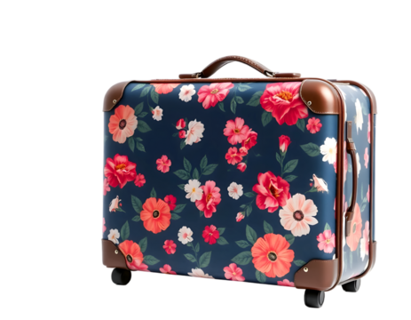 Travel suitcase with floral pattern isolated on transparent background