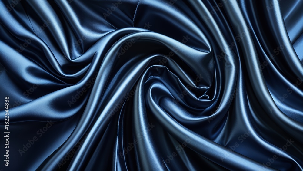 Poster exploring the elegance of a deep blue satin fabric with intricate folds and a glossy surface in a we