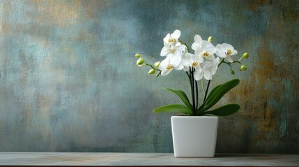 Elegant orchids in a white square pot against a concrete-textured backdrop.