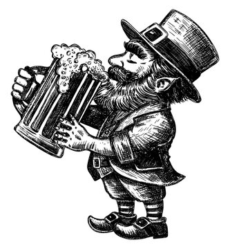 leprechaun drinking beer isolated hand drawn sketch illustration holding large frothy mug traditional attire hat with buckle beard for irish folklore St. Patrick&rsquo;s Day holiday celebration card design