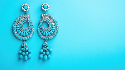 A pair of dangling turquoise earrings displayed against a light aqua background