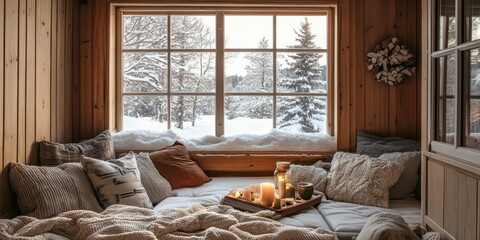 Cozy winter window seat overlooking a snowy forest landscape