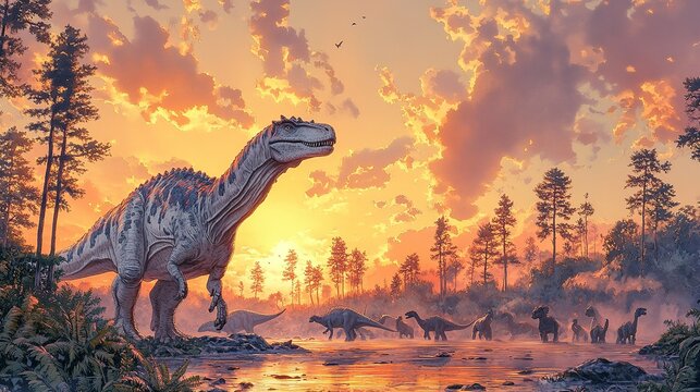 Dinosaur herd travels through prehistoric landscape at sunset. Prehistoric scene with dramatic sunset and silhouette of various dinosaurs.