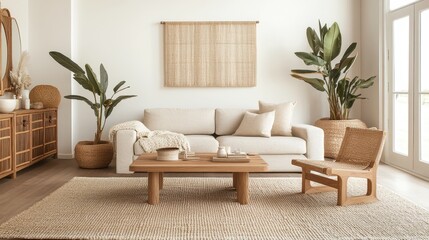 Interior design showing a modern living room with natural materials