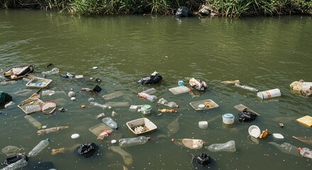Pollution and waste: plastic and debris floating in polluted river waters