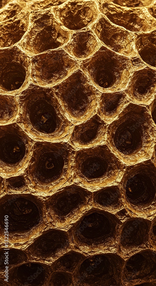 Poster close-up of honeycomb pattern texture with golden hexagonal shapes