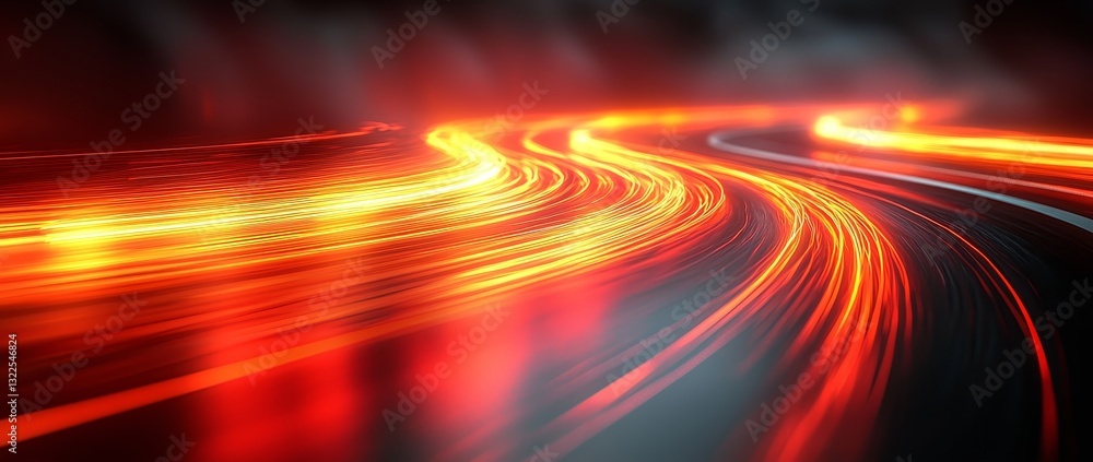 Poster a dark background features a smooth, simple glowing curve of white and red light trailing in an arc,