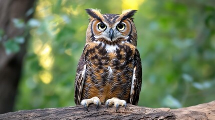Naklejka premium Majestic Horned Owl Perched on a Branch with Piercing Eyes in a Lush Forest Setting