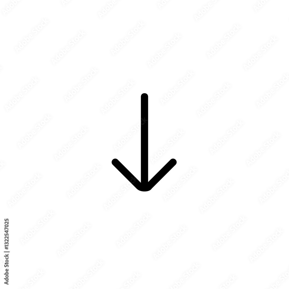 Poster a simple downward arrow pointing to more information, a minimalist design with clean lines and bold 