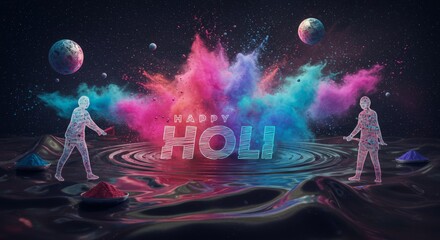 A colorful celebration of Holi in a mystical landscape, blending joyous hues with celestial wonders.