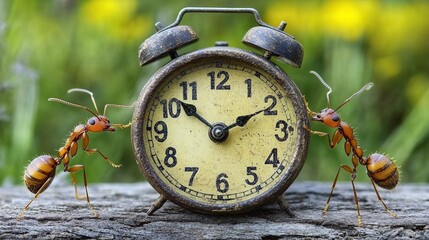 Ants interacting with a vintage clock