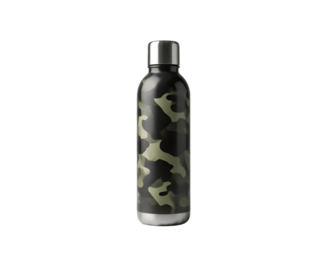 Plastic bottle with camo pattern isolated on transparent background
