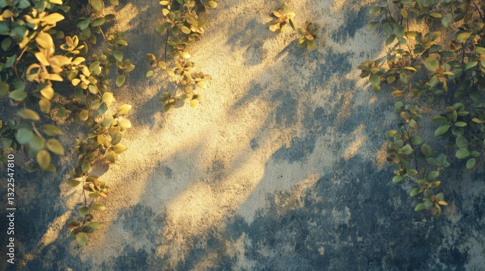 Poster sunlight filters through delicate leaves, casting intricate shadows on a textured wall, creating a c
