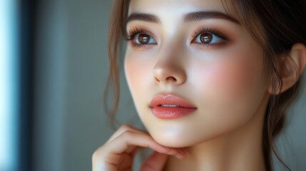 Close-up beauty shot highlighting an Asian woman with a soft makeup look and gentle expression, accentuating her natural features.