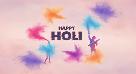 A festive scene of joyous Holi celebrations featuring vibrant colors and happy faces.