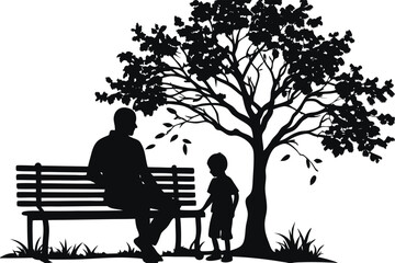 Dad and Son Sitting on a Park Bench under a tree Silhouette