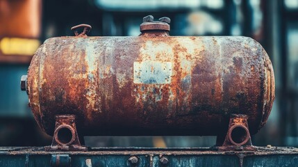 A rusty old gas tank placed outdoors, showing corrosion and wear against a blurred industrial backdrop