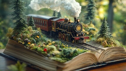 Whimsical scene of a miniature train traveling across a storybook landscape, blending nature and imagination in a unique diorama.