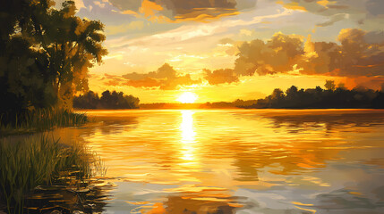Obraz premium A picturesque river at sunset, casting golden reflections on the water. golden sunset reflections. illustration. golden sunset. illustration. Golden Reflections. Illustration