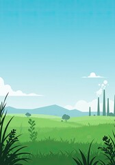 Obraz premium Serene landscape with green fields and blue sky featuring distant hills and trees