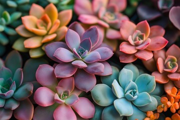 Colorful array of succulent plants showcasing diverse shapes and hues in natural sunlight