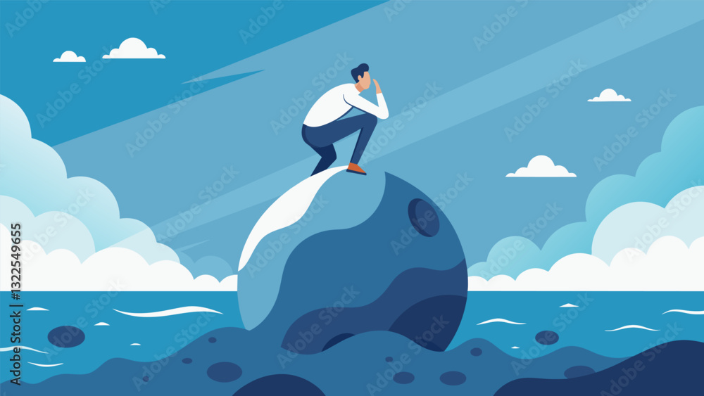 Aufkleber on a large boulder jutting out into the ocean a person closes their eyes and focuses on their breath