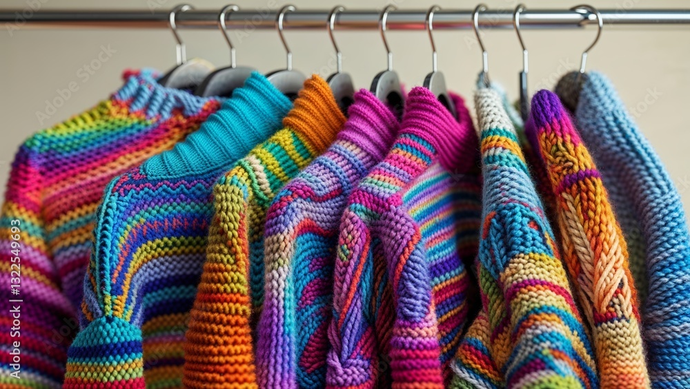 Aufkleber colorful collection of hand-knitted sweaters displayed on hangers showcasing various patterns in a c