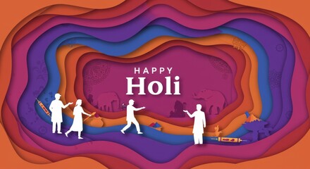 A colorful layering art piece depicting joyful Holi celebrations, blending vibrant hues with cultural motifs in stunning silhouette designs.