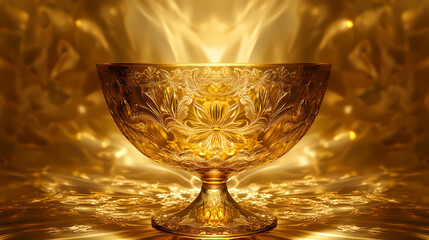 Elegant golden chalice displaying intricate floral patterns and shimmering reflections suitable for themed events and celebrations. Golden Reflections. Illustration