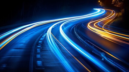 Vibrant Blue Light Trails Curve Dynamically Against Dark Background Creating Sense Of Speed And Motion