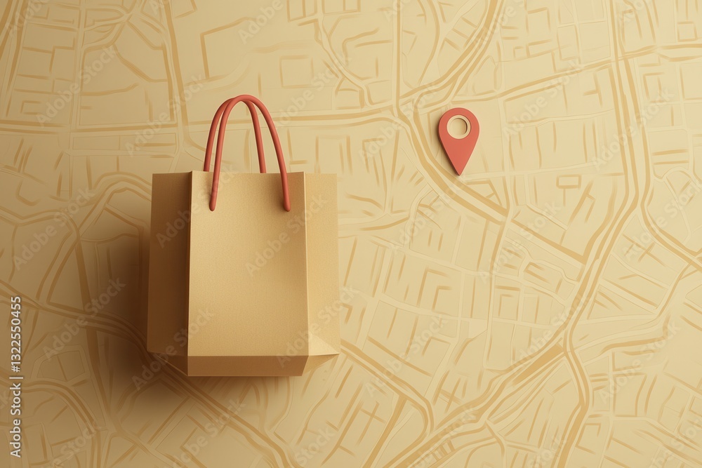 Poster delivery route map illustration featuring a grocery bag icon and location pin in a clean design