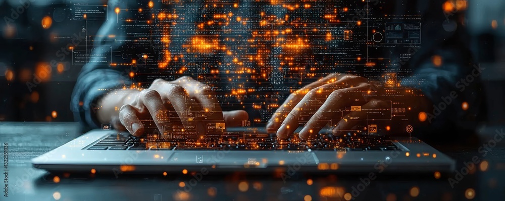 Poster managing business with ai, employing digital technology for data analysis, network security, and cyb
