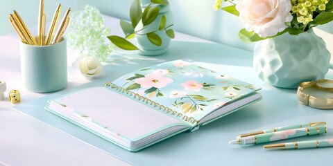 Stylish planner on desk with floral design home office photography bright environment top view organization concept