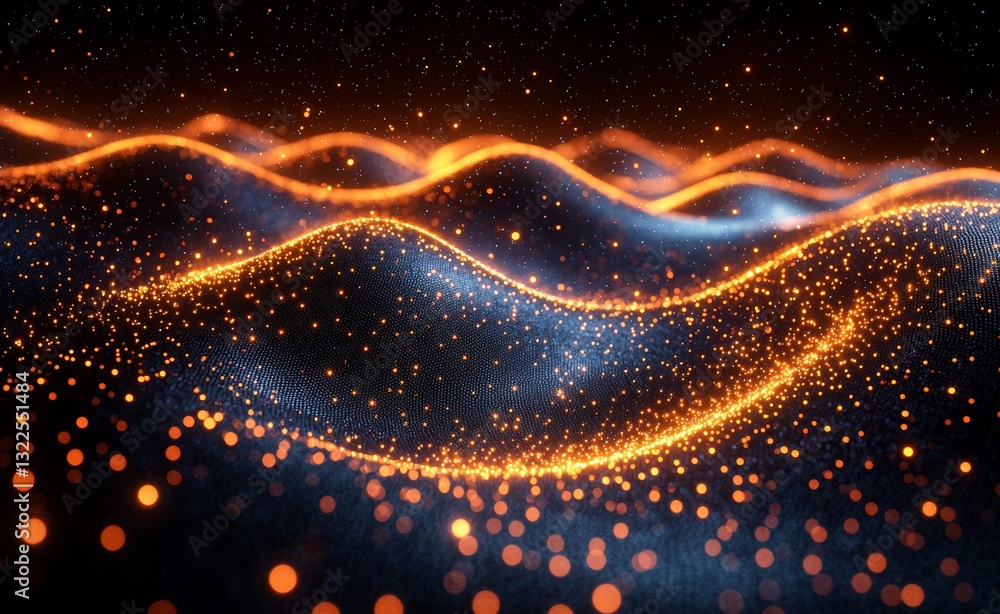 Poster wave abstraction with dynamic dots and lines. visualization of particle movement. representation of 