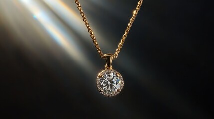 Gold diamond necklace with a shimmering halo of light behind it.