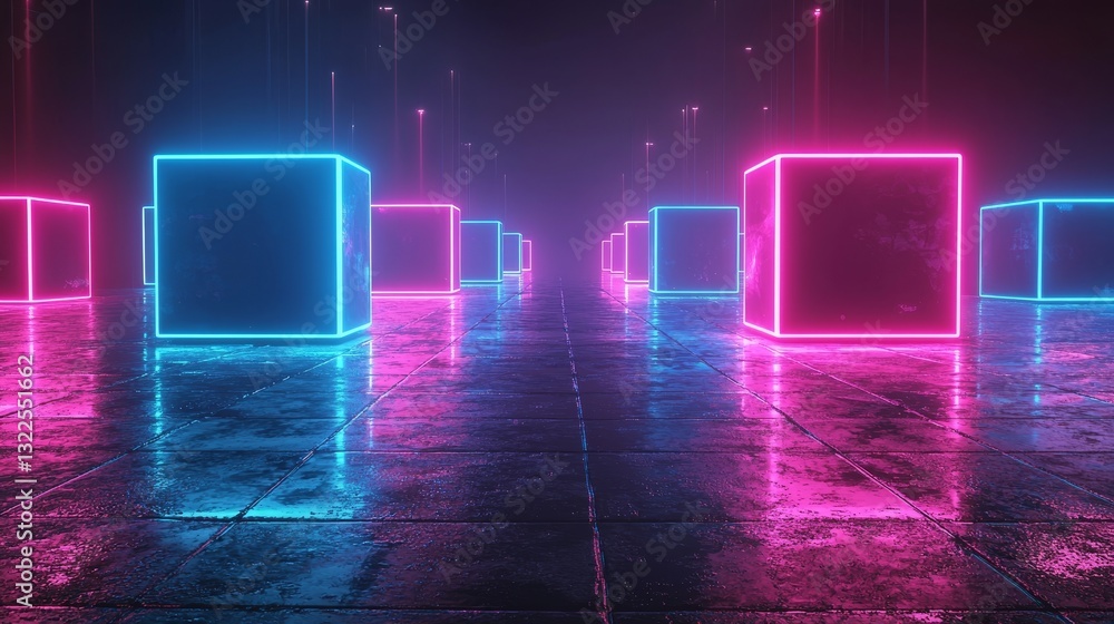 Poster in a futuristic void, neon boxes float with a radiant glow, accompanied by reflections and light tra