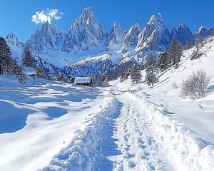 Fototapeta premium A snow covered path leads toward majestic mountain peaks scenery