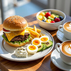 Gourmet Breakfast Plate with Cheeseburger, Poached Egg, and Fresh Fruits