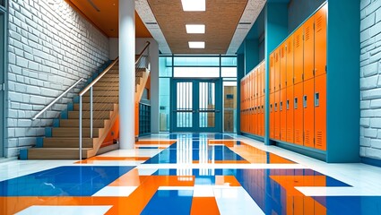 Fototapeta premium School corridor with lockers. 3d illustration
