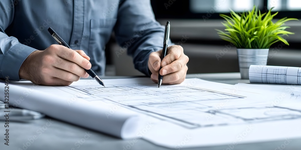 Poster architect review of project plans in modern office setting with technology