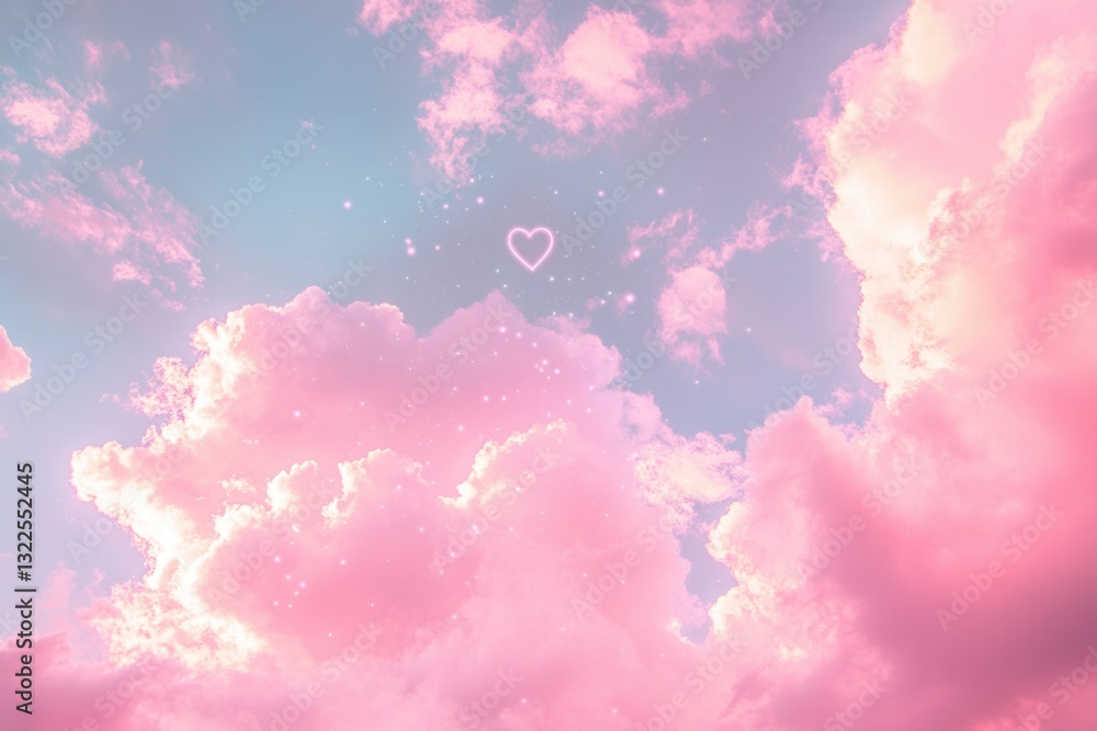 Poster dreamy pink sky adorned with heart-shaped clouds and gentle sparkles creates a romantic atmosphere a