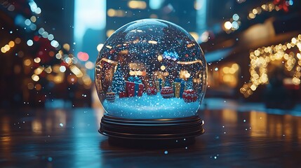 A decorative snow globe containing Christmas gifts and decorations