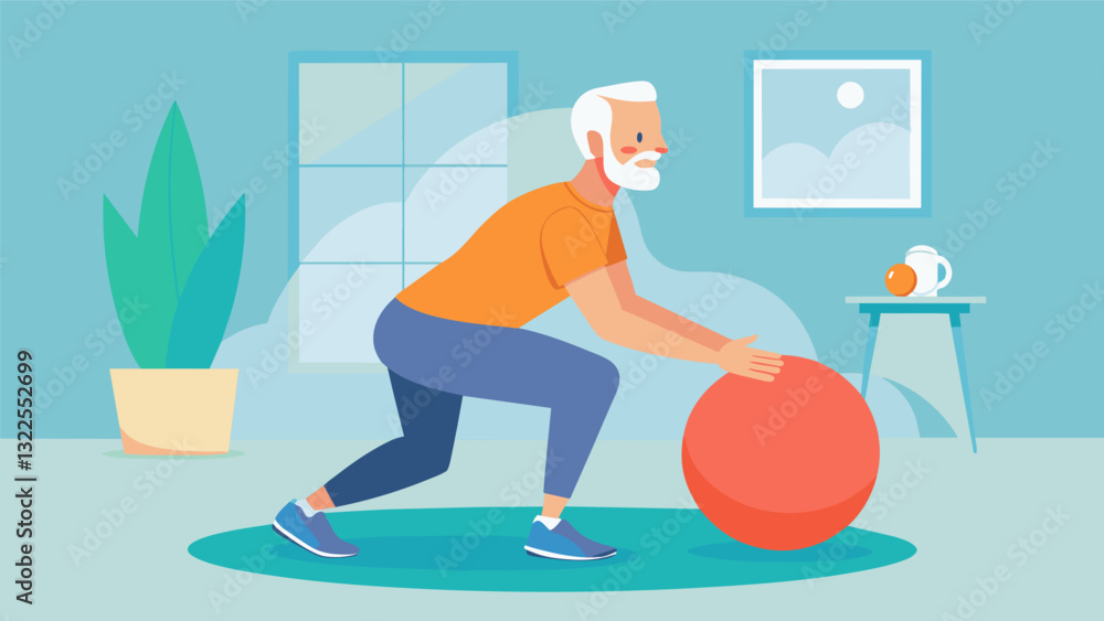 Aufkleber a senior man working on his balance and coordination by using a stability ball to do squats.. vector
