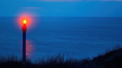 Fototapeta premium Serene Coastal Scene Featuring a Red-Capped Lighthouse Illuminating the Calm Evening Ocean Waters at Dusk