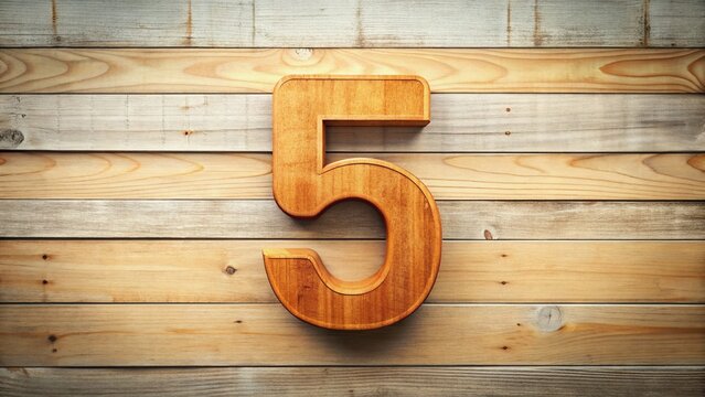 Cartoon Number Five, Wooden Texture, Minimalist Style Stock Photo